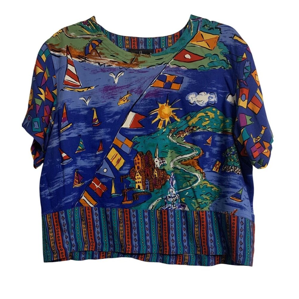 Carole Little Sport 12 Artsy Multi-Color Crop‎ Blouse Casual